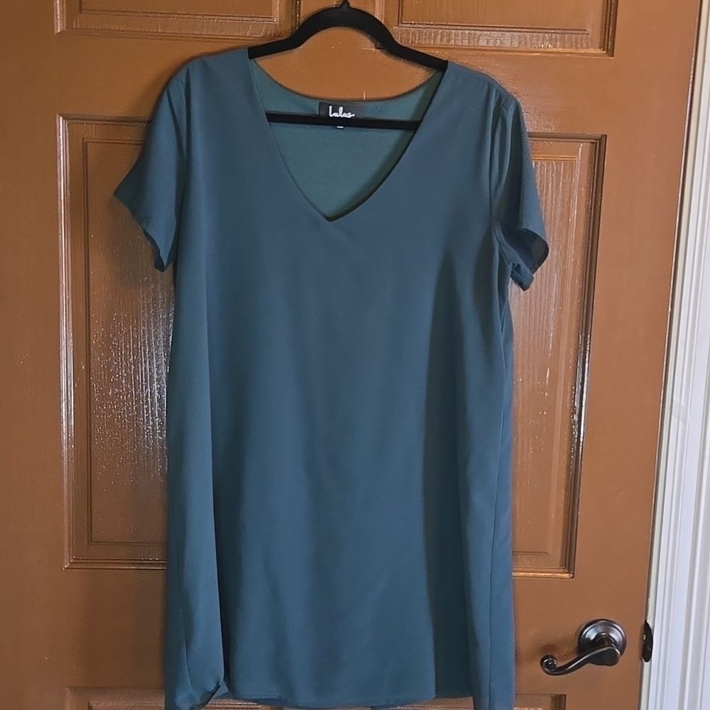 Lulus-Hunter green chiffon pullover V neck flowy dress Sz L.